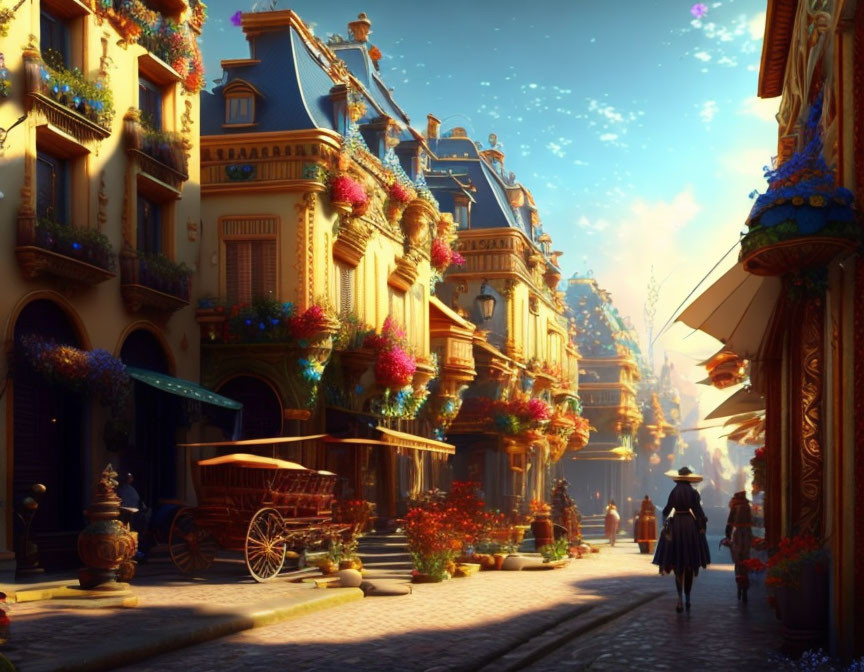 Historical buildings and vibrant flowers on sunlit street