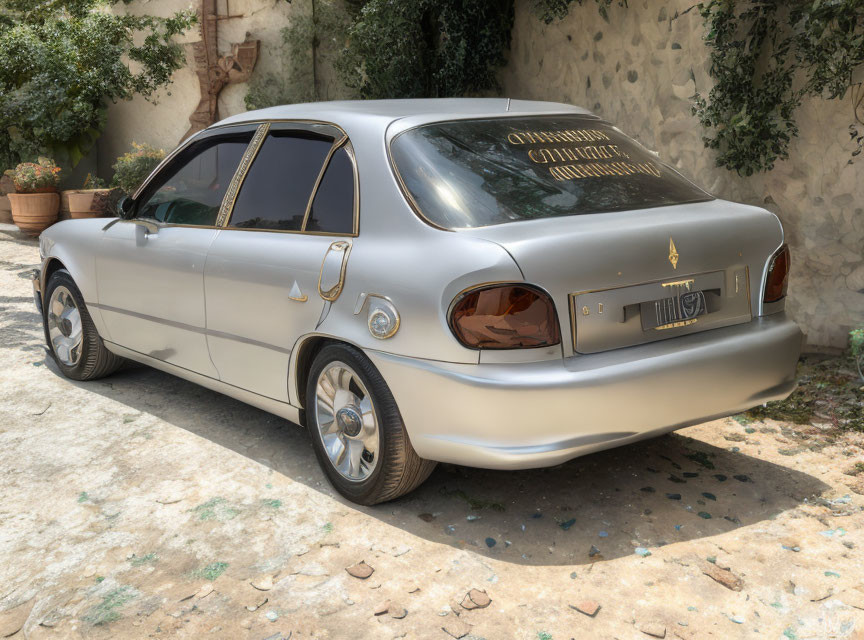 Classic Silver Car with Chrome Details and Whitewall Tires by Stone Wall