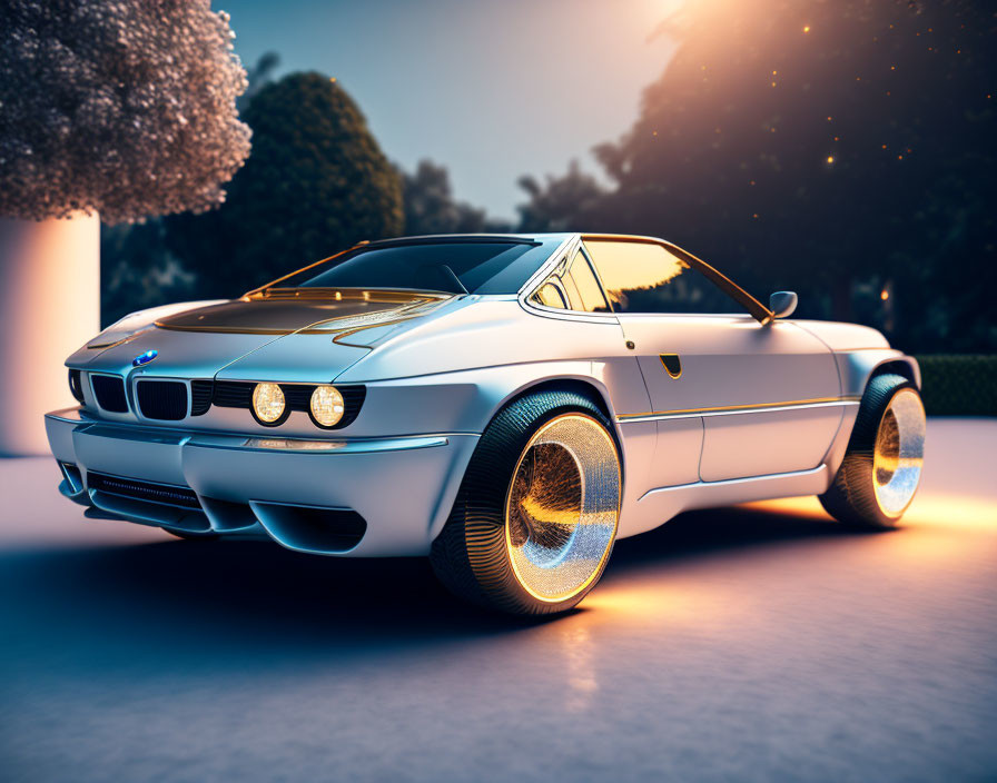 Vintage Silver BMW with Glowing Rims in Twilight Setting