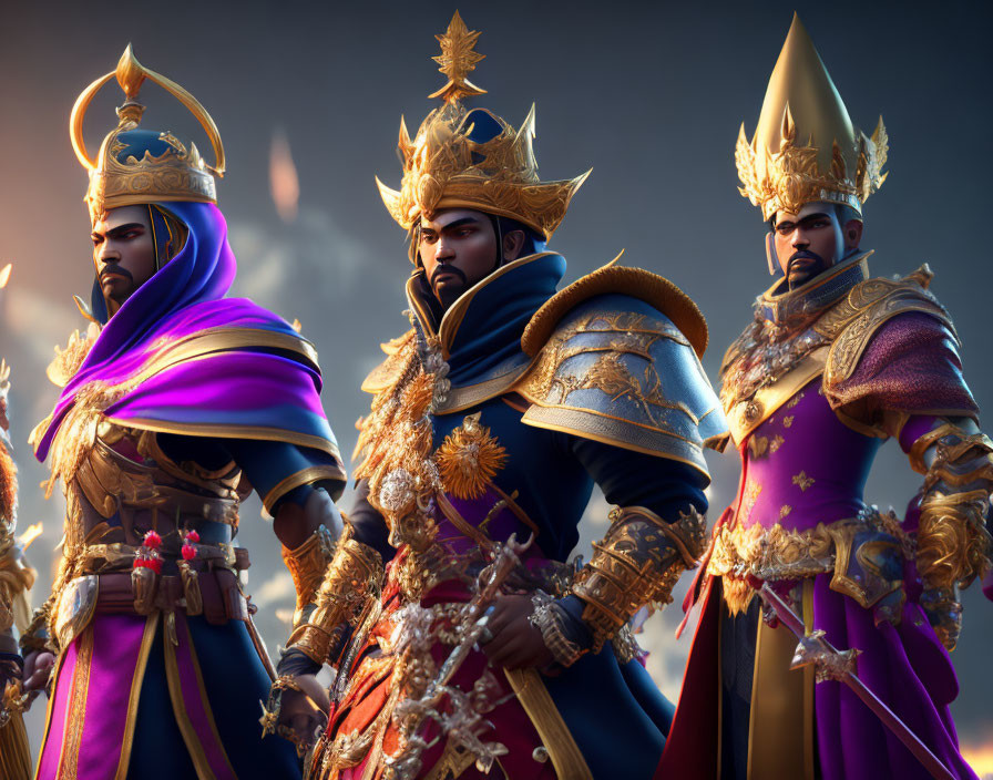 Regal figures in gold-trimmed attire against dusk-lit backdrop