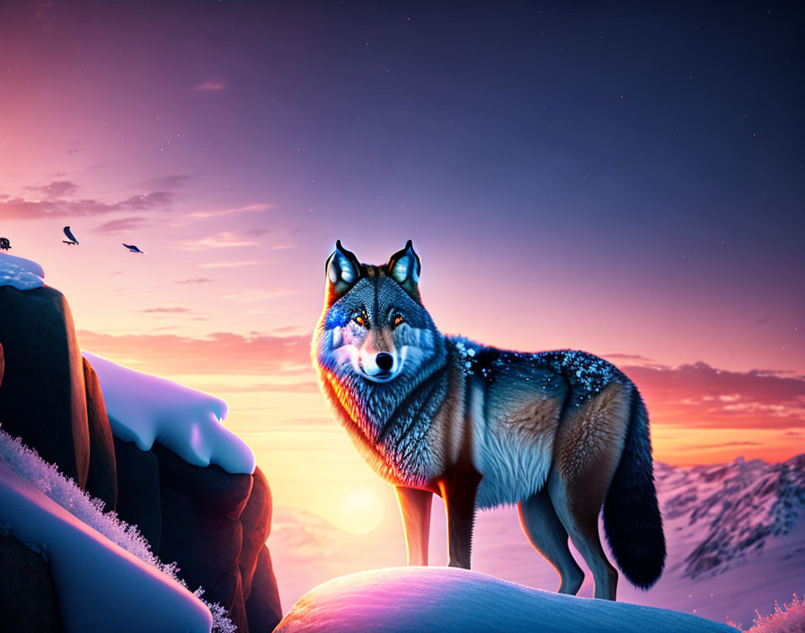 Digital artwork: Wolf with starry coat on snow cliff at sunrise with birds in colorful sky