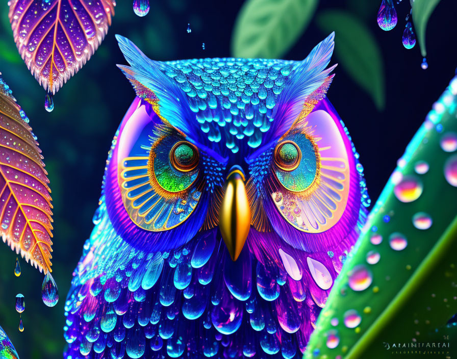 Colorful digital artwork of a blue owl with intricate patterns and water droplets, surrounded by dewy