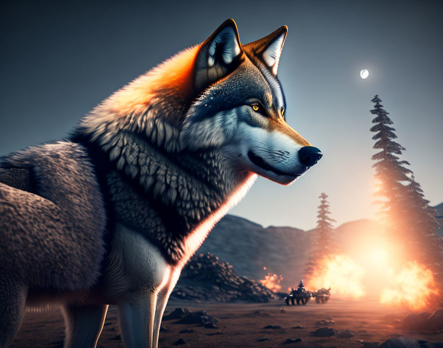 Majestic wolf in twilight scene with campfire and crescent moon