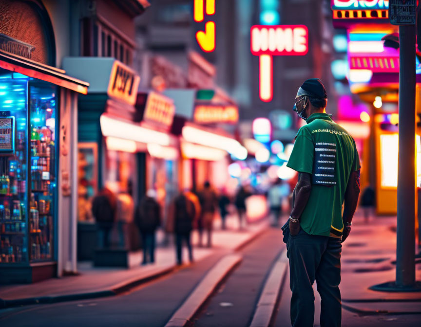 Person in green shirt and face mask on vibrant city street at dusk with neon signs and pedestrians.