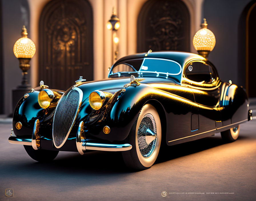 Elegant Vintage Luxury Car in Glossy Black with Golden Accents