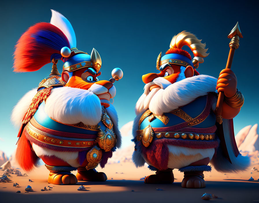 Animated warrior characters in elaborate armor face off under a blue sky