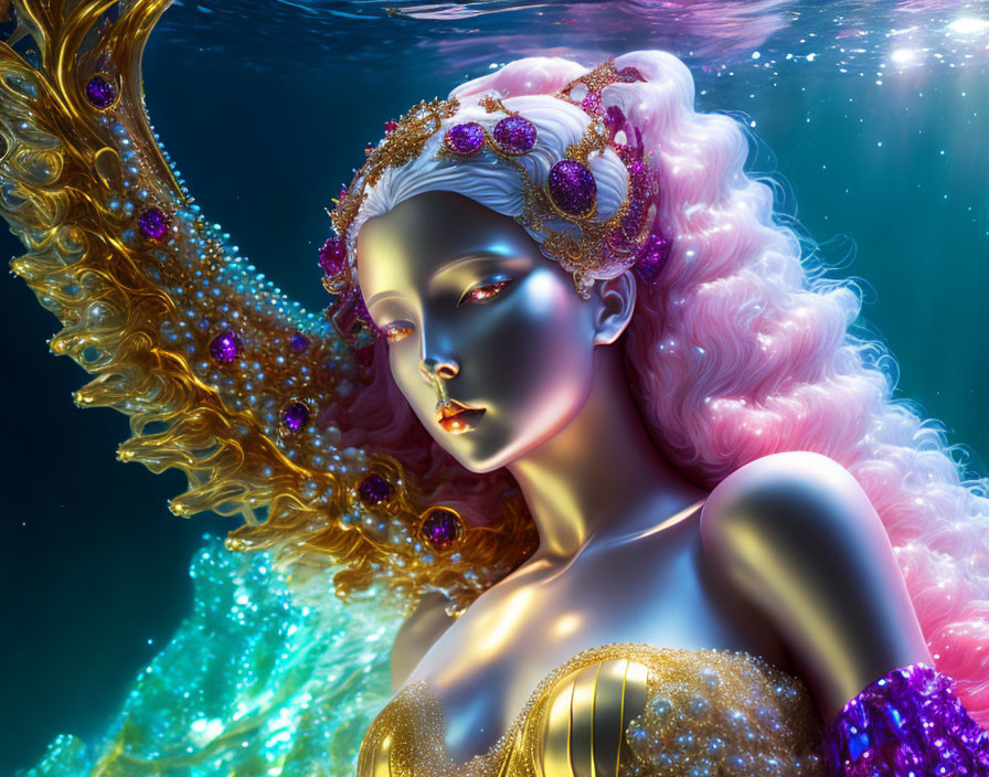 Mermaid with luminous skin and pink hair in ornate adornments