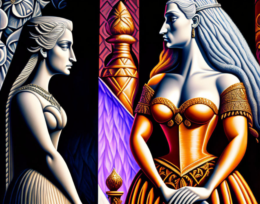 Digital artwork: Two women in profile with intricate patterns and vivid colors