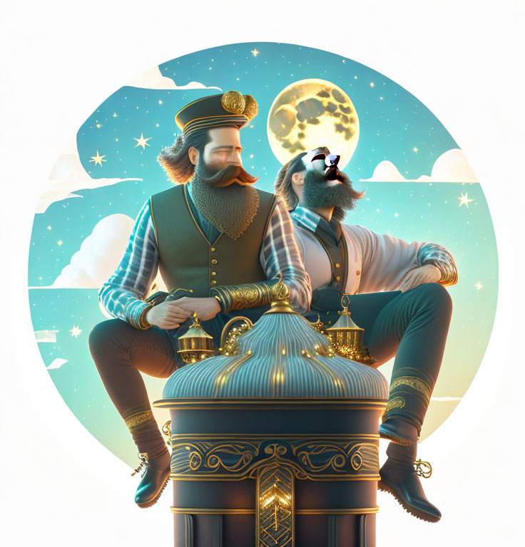 Stylized vintage man and dog characters on domed structure under moonlit sky