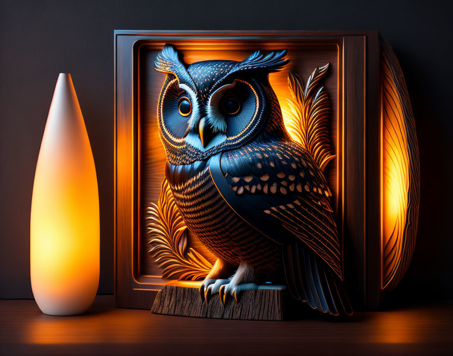 3D paper art owl with illuminated egg-shaped lamp on dark background