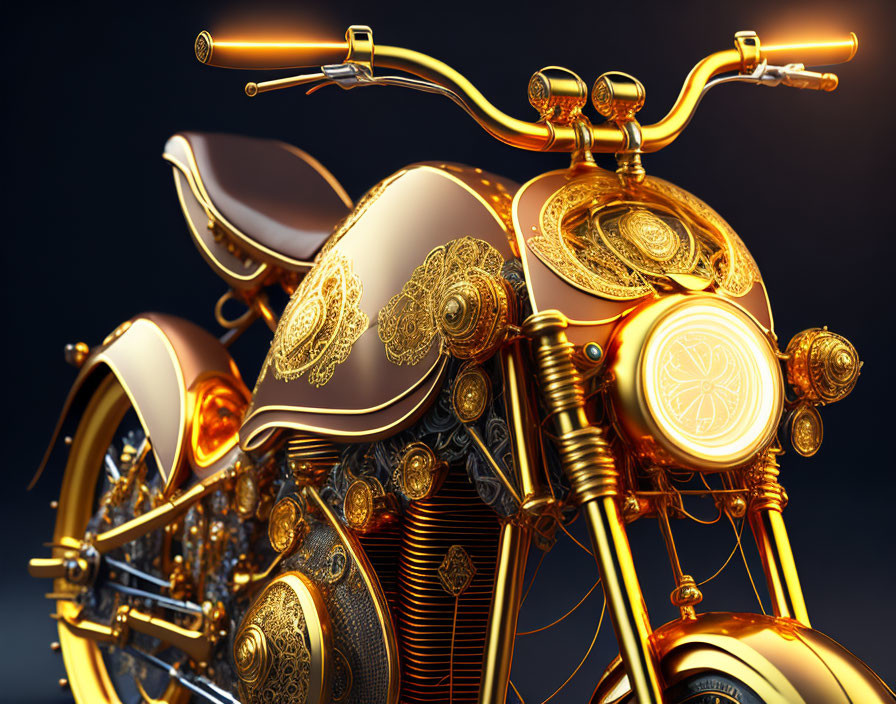 Golden ornate motorcycle with intricate designs on dark background