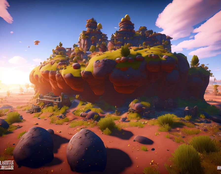 Majestic rock formations in lush, fantastical landscape