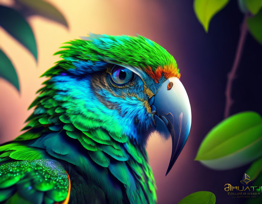 Colorful Parrot with Green, Blue, and Orange Feathers in Leafy Setting