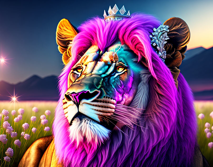 Colorful Lion with Crown in Twilight Meadow and Mountain Scene