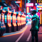 Person in green shirt and face mask on vibrant city street at dusk with neon signs and pedestrians.