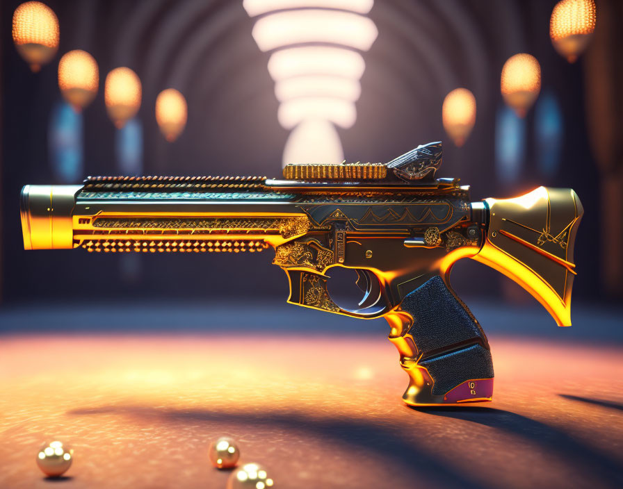 Intricate Golden Gun on Reflective Surface with Ambient Lighting