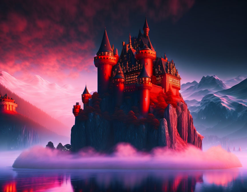 Fantastical crimson castle on rugged cliff above misty lake and mountains at dusk