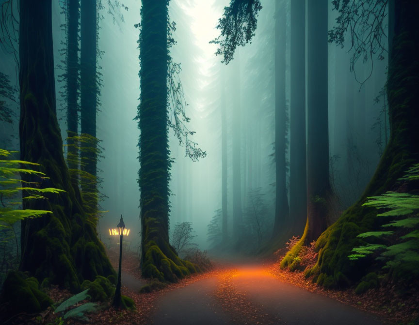 Misty forest scene with winding road and lamp post among tall trees and ferns