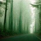 Tranquil forest road with mist and towering trees