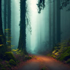 Misty forest scene with winding road and lamp post among tall trees and ferns