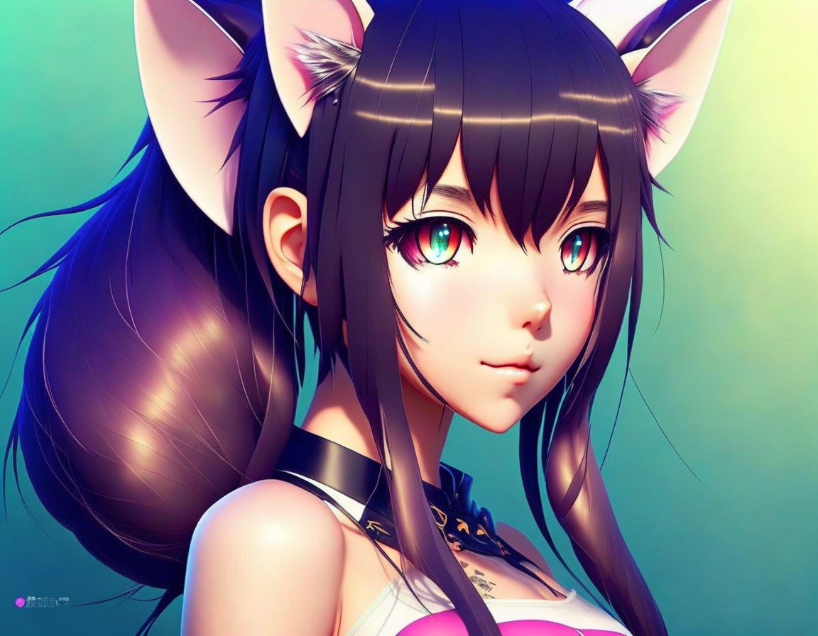 Digital artwork of female character with cat ears, green eyes, and brown hair on teal background