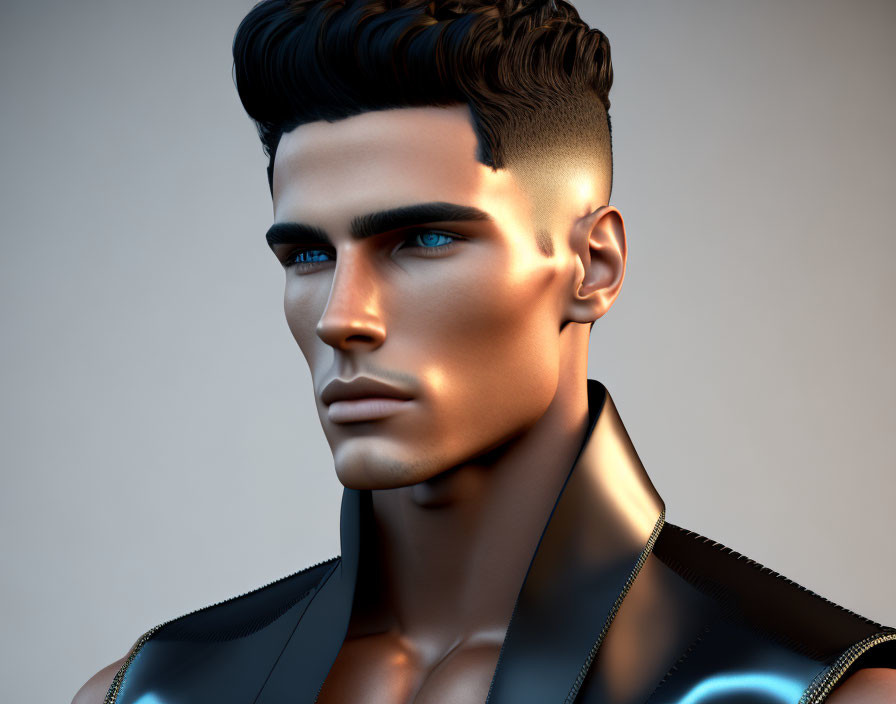 Male figure with stylized hair, pronounced jawline, and intense blue eyes in futuristic attire.