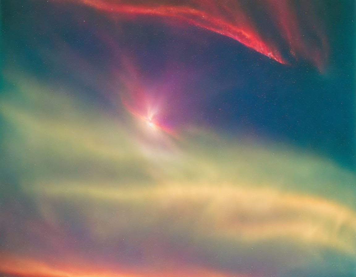 Colorful astronomical image of bright celestial body with radiant halo and swirling clouds.