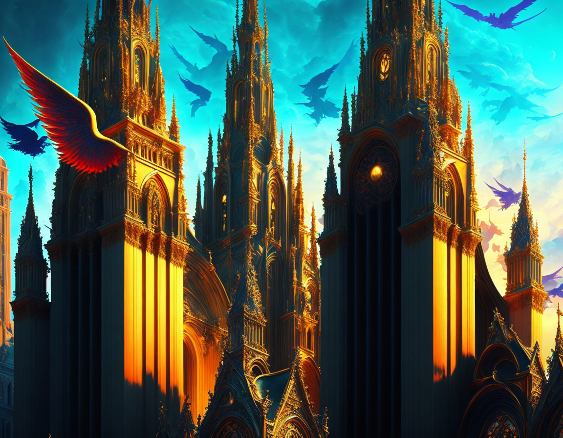 Gothic Cathedral with Towering Spires and Mythical Creatures at Sunset