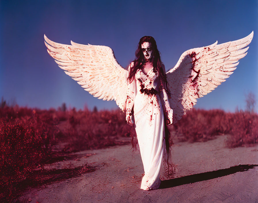 Person in angel costume with red stains on wings and clothing on dirt path under blue sky