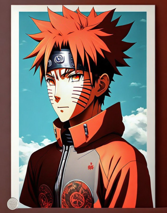 Anime character with spiky red hair, headband, zipped jacket, and round symbols.