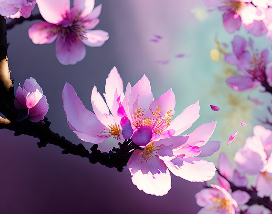 Vibrant pink cherry blossoms on turquoise and purple background