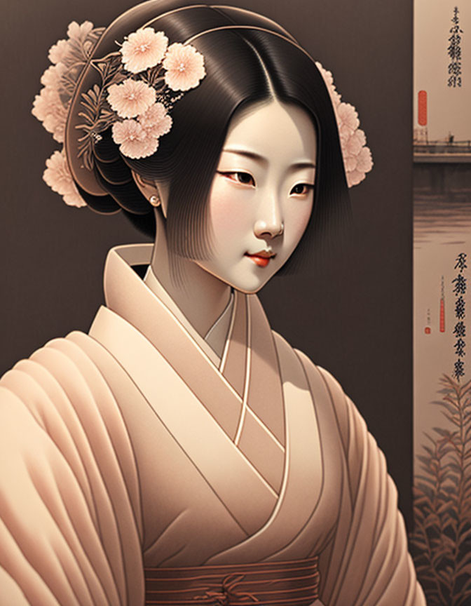 Traditional Asian attire woman with cherry blossom hair adornments serene expression