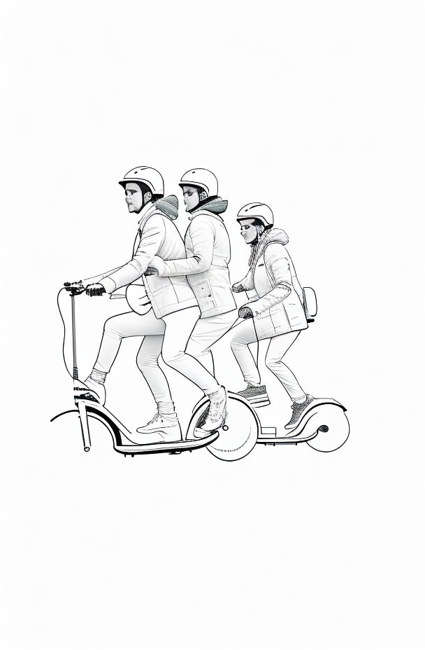 Three people on tandem scooter with oversized front wheel