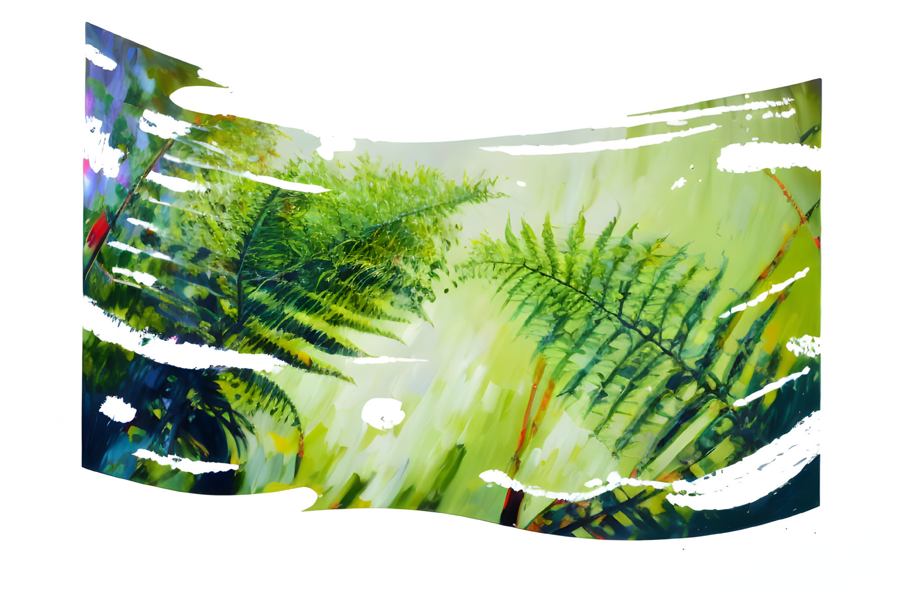 Curved green ferns with abstract white brush strokes on blurred nature backdrop