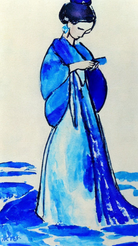 Blue-themed watercolor illustration of a person in East Asian attire holding an object