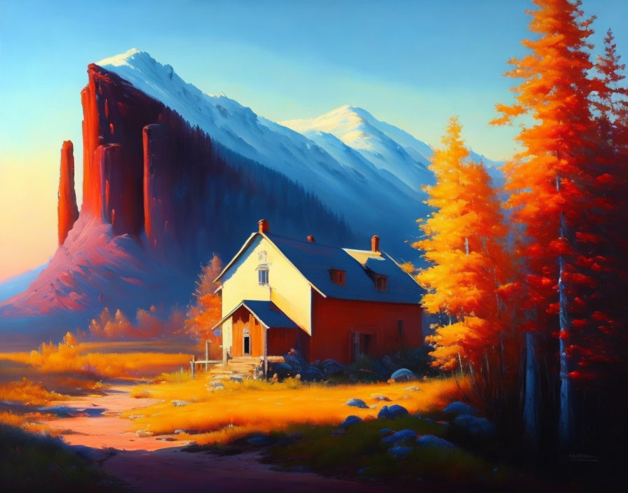 Autumn landscape painting with red-roofed house and mountains