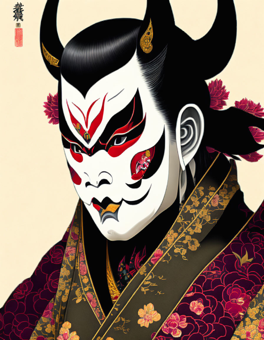 Illustration of person in traditional Japanese Kabuki makeup and costume