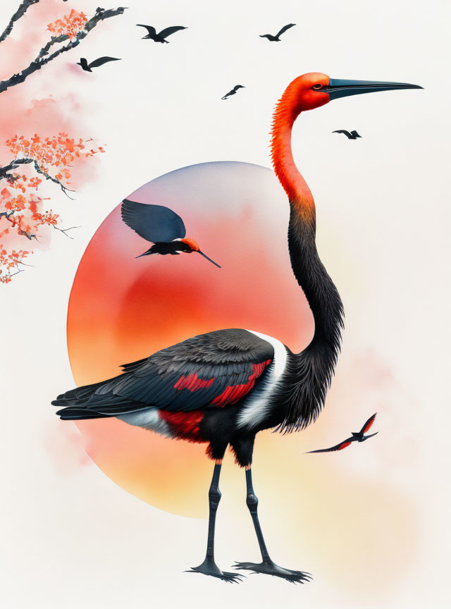 Illustrated red-crowned crane with sun, birds, and pink flowers