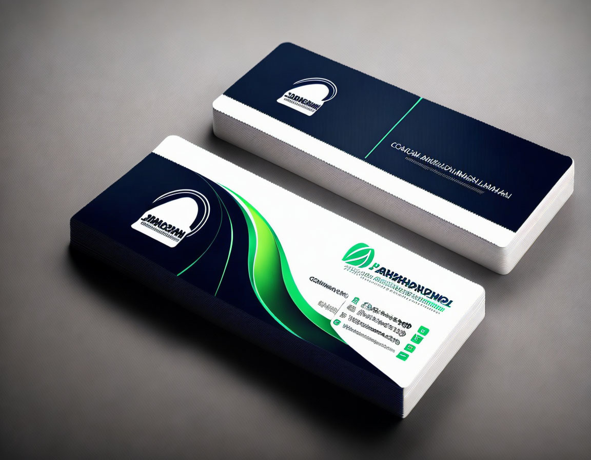 Professional Business Cards with White and Navy-Blue Theme, Green and Blue Swoosh Graphics, Company