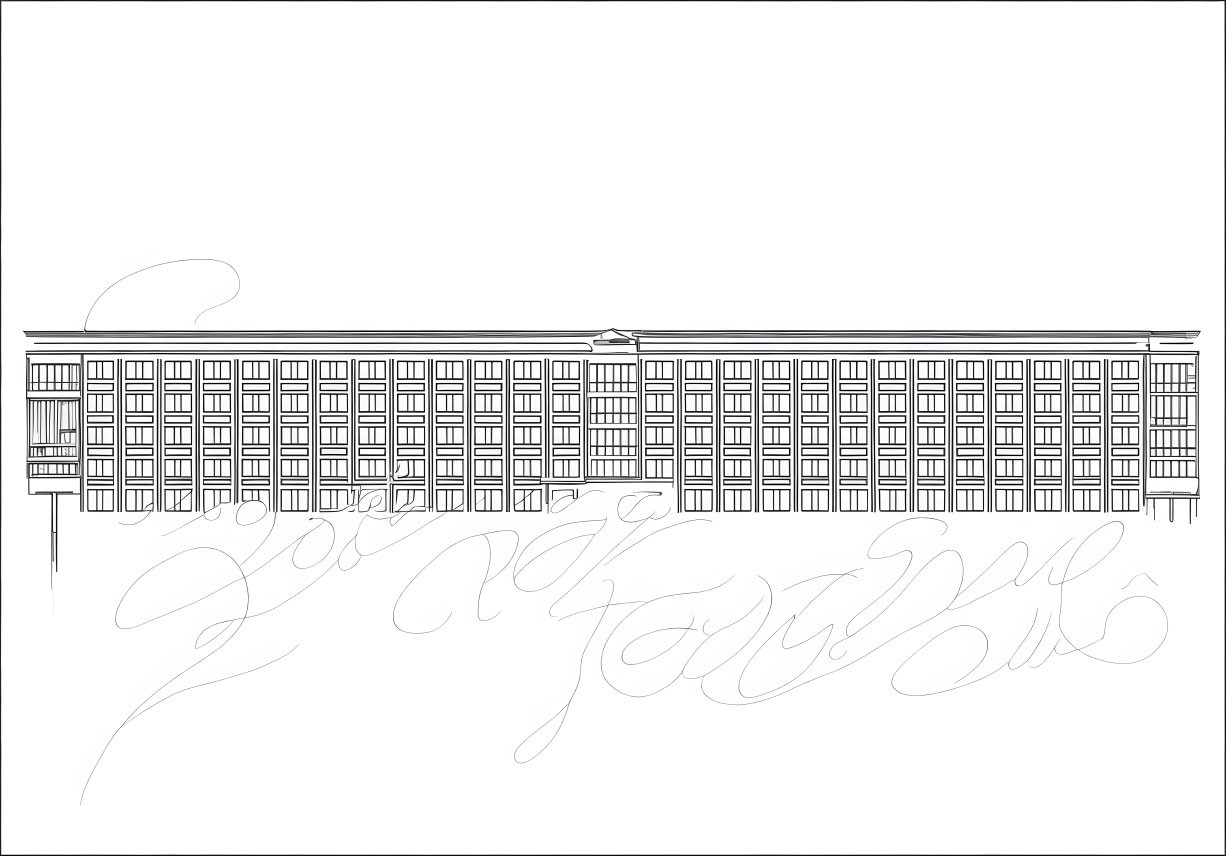 Detailed Line Drawing of Modern Building Facade with Signature