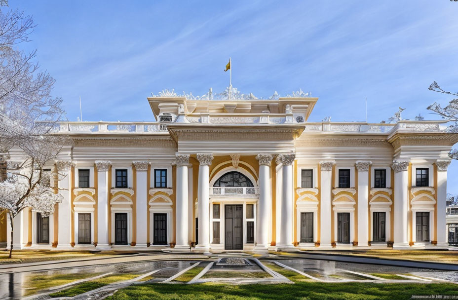 Neoclassical building with white columns and arched windows