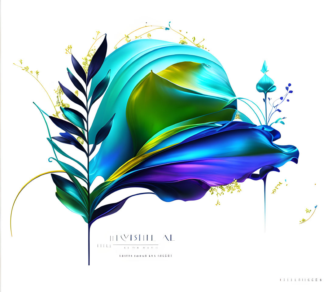 Abstract Floral Digital Artwork with Blue, Green, and Gold Accents