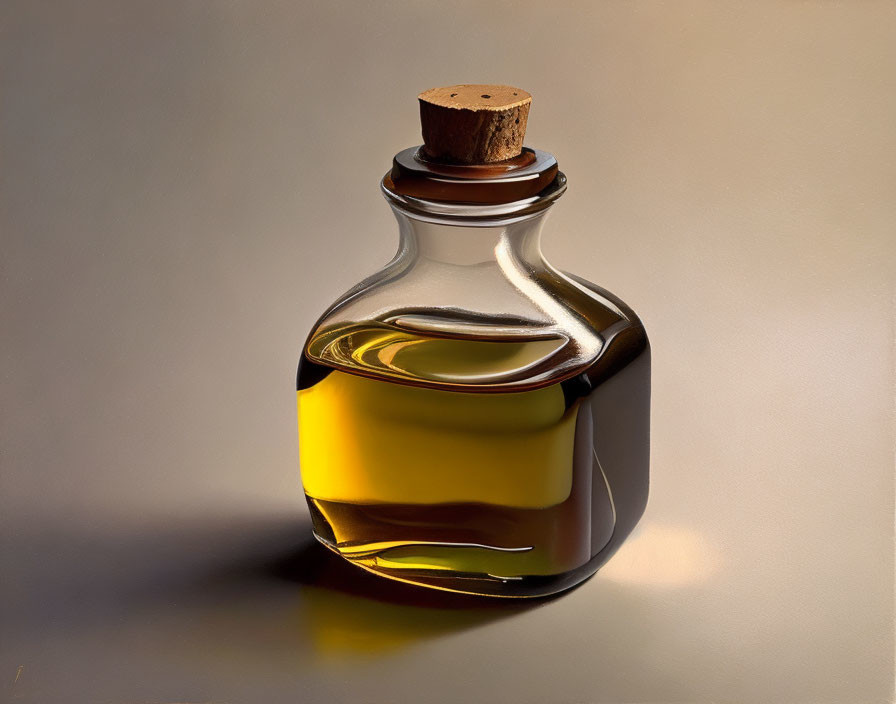 Translucent glass bottle with cork stopper and golden liquid on pale surface