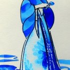 Blue-themed watercolor illustration of a person in East Asian attire holding an object