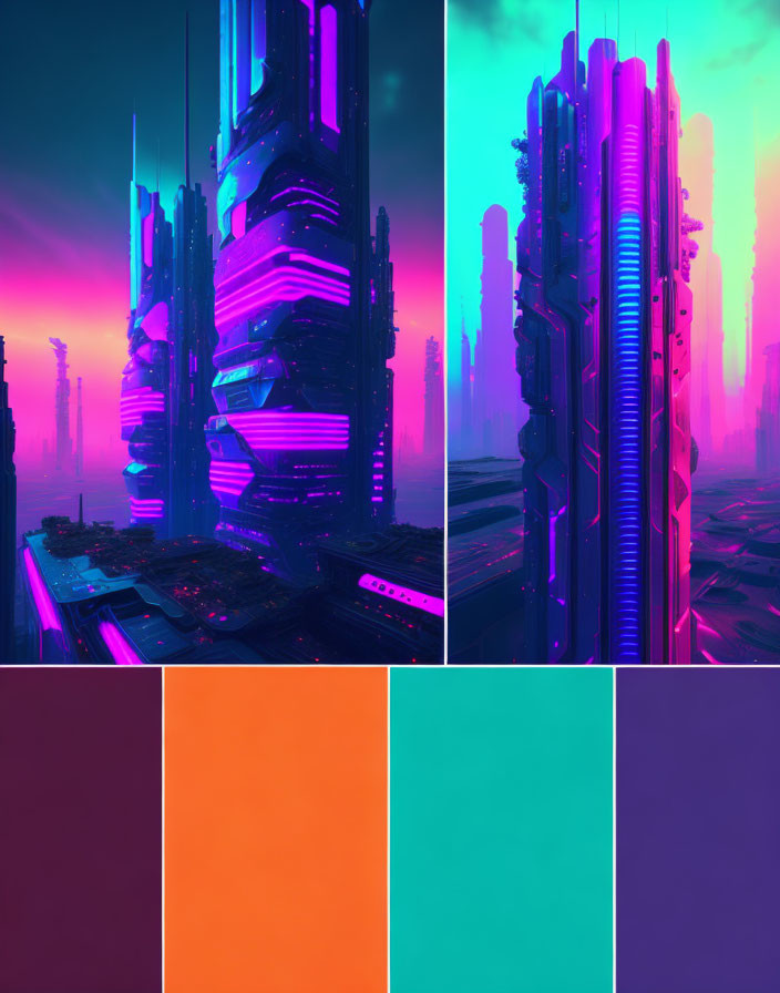 Futuristic cityscape with pink and blue skyscrapers and color swatches