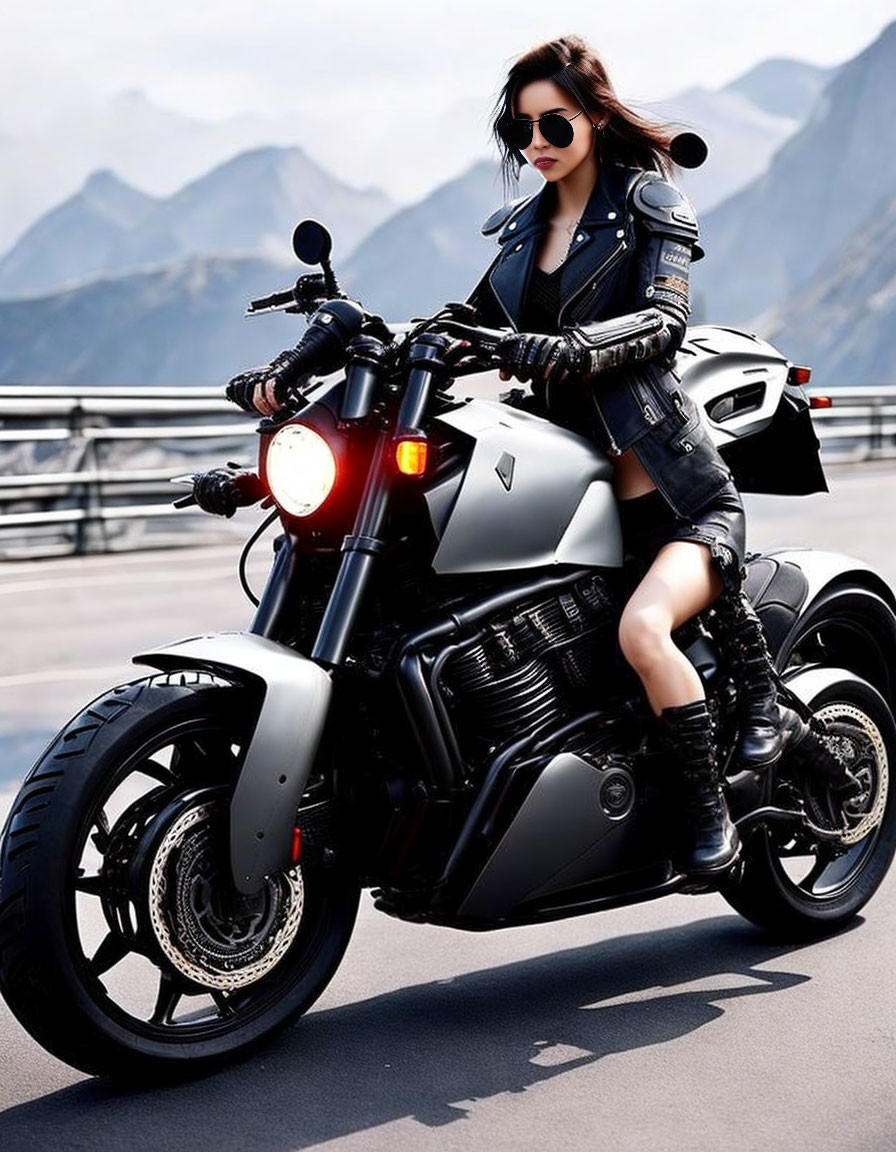 Fashionable woman in leather outfit rides black motorcycle on mountain road