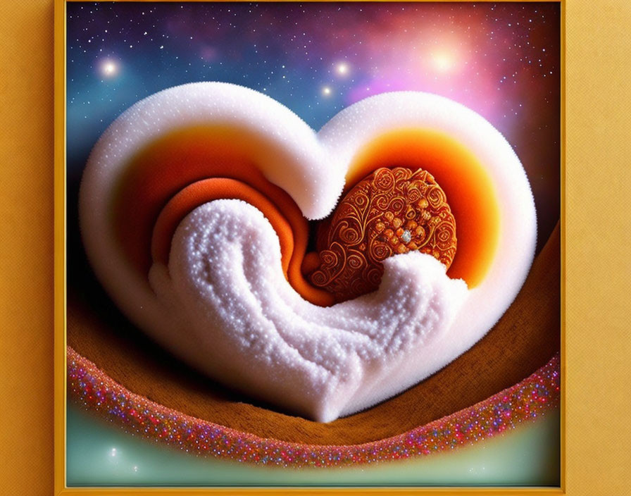 Stylized heart with cosmic elements and fractal patterns on starry background