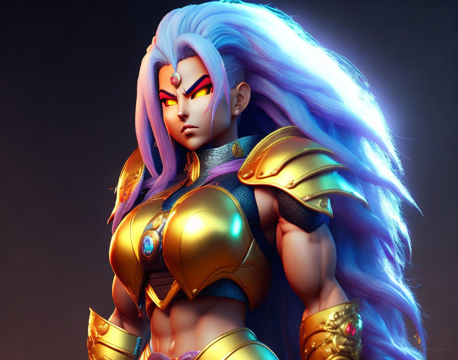 3D illustration of fierce warrior with blue hair and golden armor