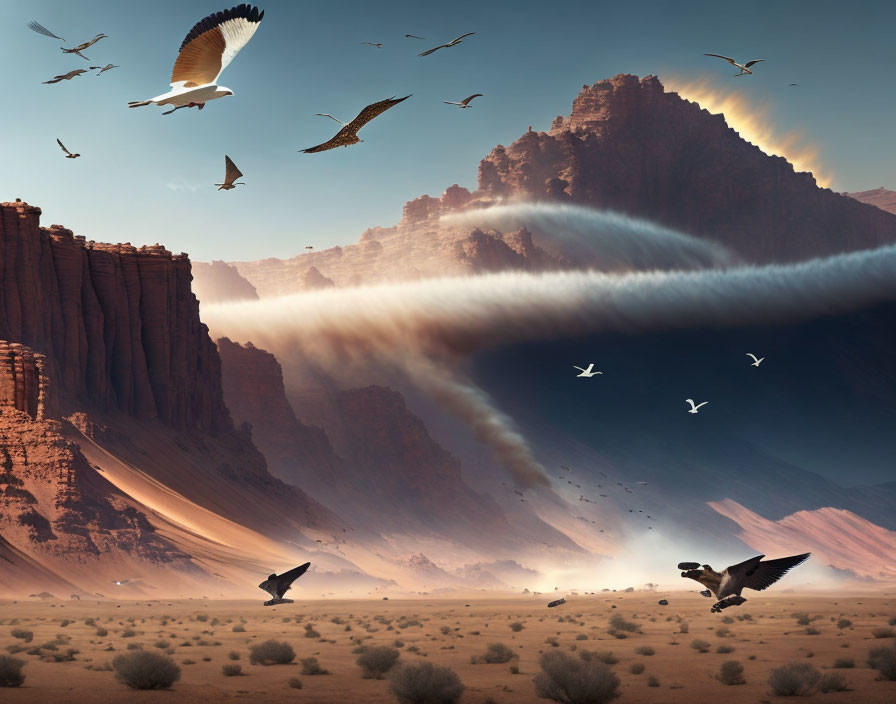 Dramatic desert scene with towering cliffs and sandstorm funnel