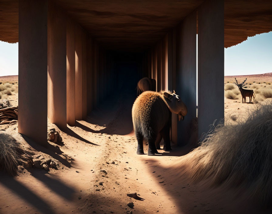 Anteater in Shadowy Underpass with Desert and Deer